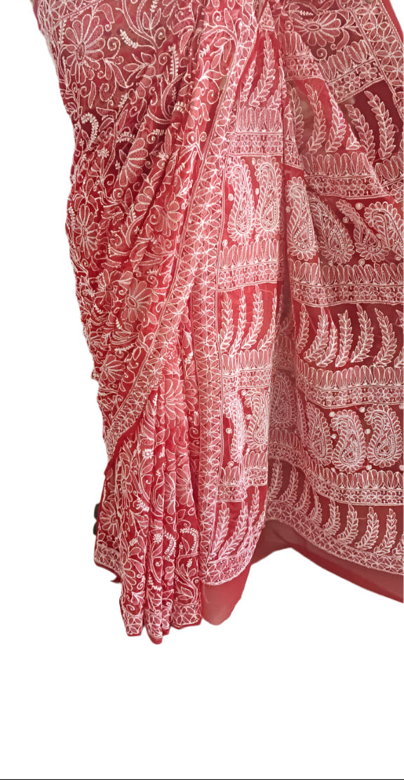 Full Jaal Chikankari Georgette Saree with Palla Keel Jaal Work – Elegant Ethnic Wear