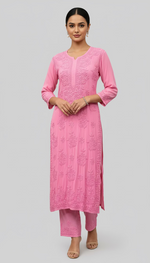 Baby pink colour modal fabric tone to tone hand embriodered kurti and trousers. Kurti is 46 inches long