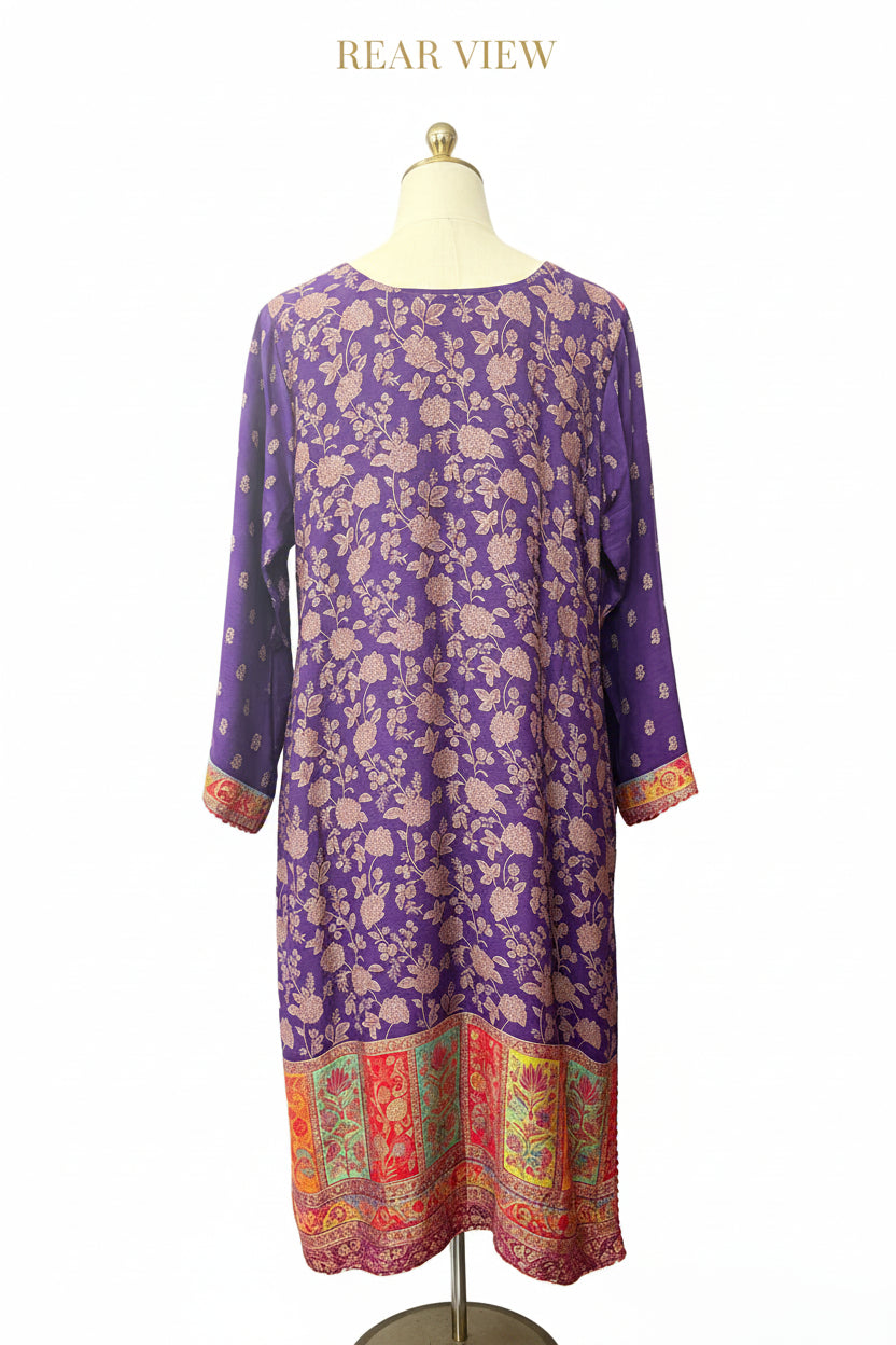 Rear view of a detailed pure silk purple kurta from Famaza Couture, showcasing an all-over Kanni and Zari botanical pattern.