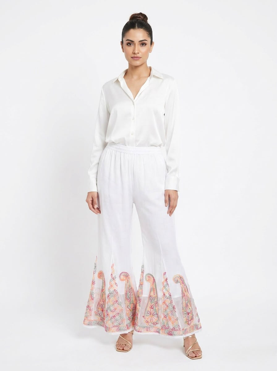 Back of ivory georgette Chikankari sharara with wide flare