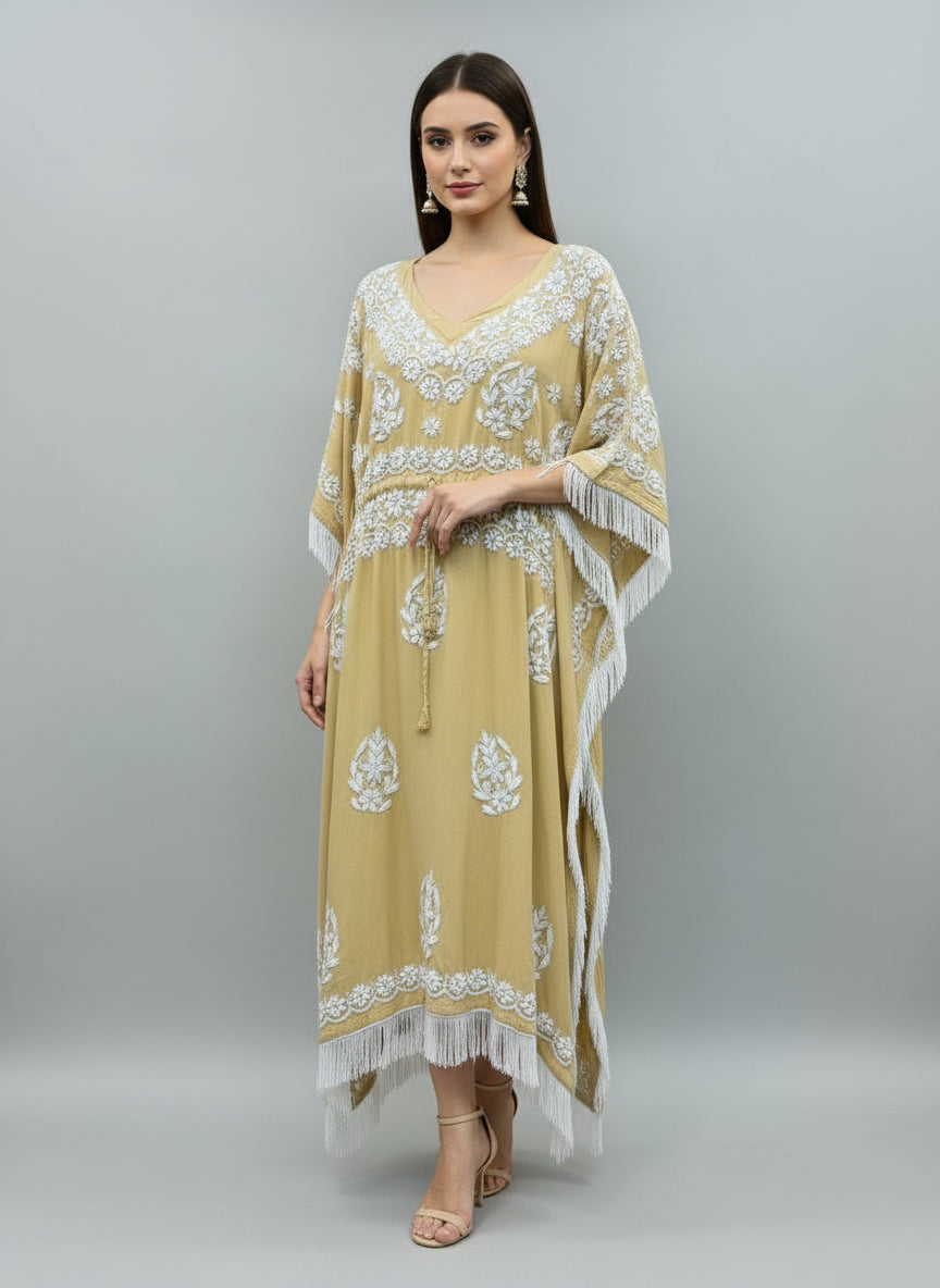 Beige colour kaftan with white chikankari embroidery work