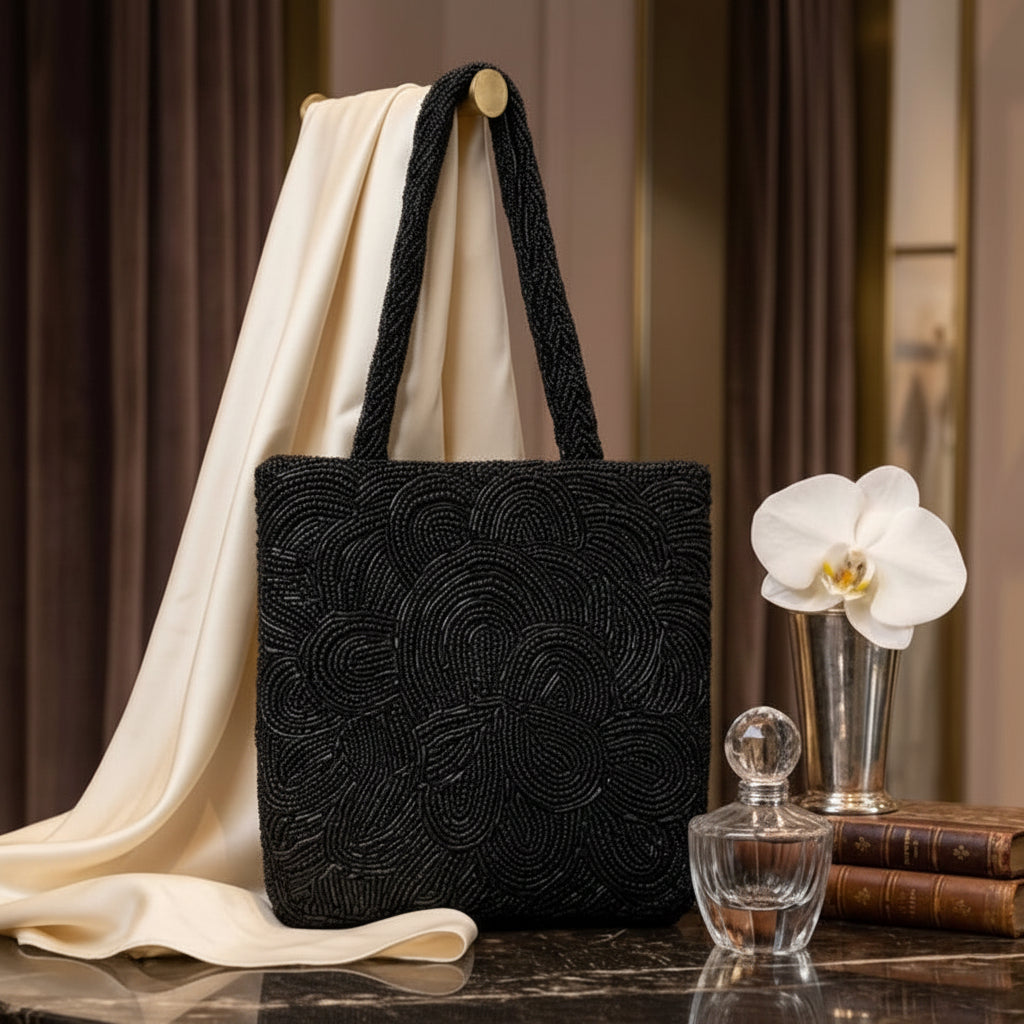 Black Circular Handcrafted Tote Bag - Luxury Evening Style London