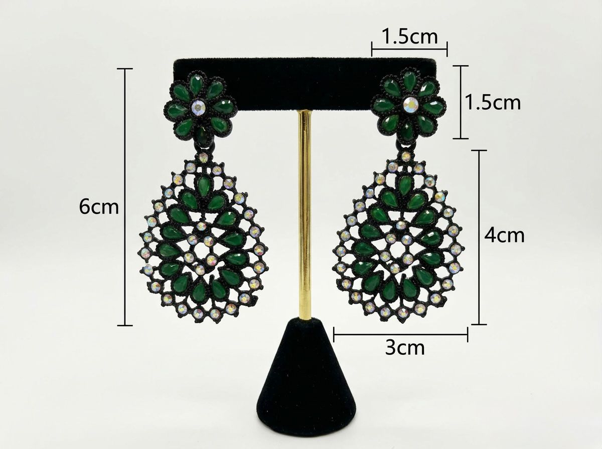 Black brass teardrop earrings featuring a rich green stone floral stud and matching green stone accents on the intricate filigree teardrop design.