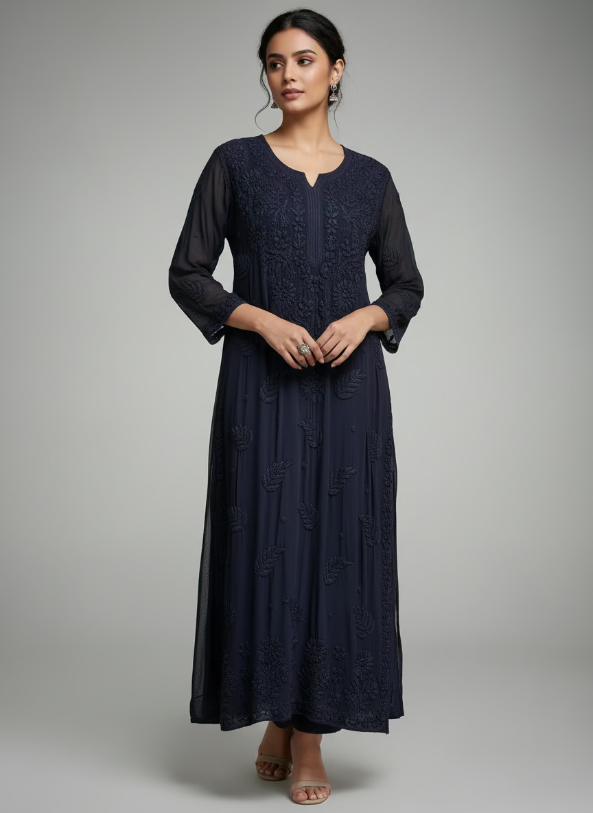 Black colour chikankari 3d embroidery long viscose fabric kurti