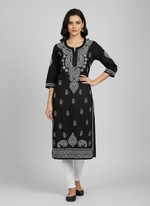Black colour cotton kurta with white hand embroidery by famaza couture