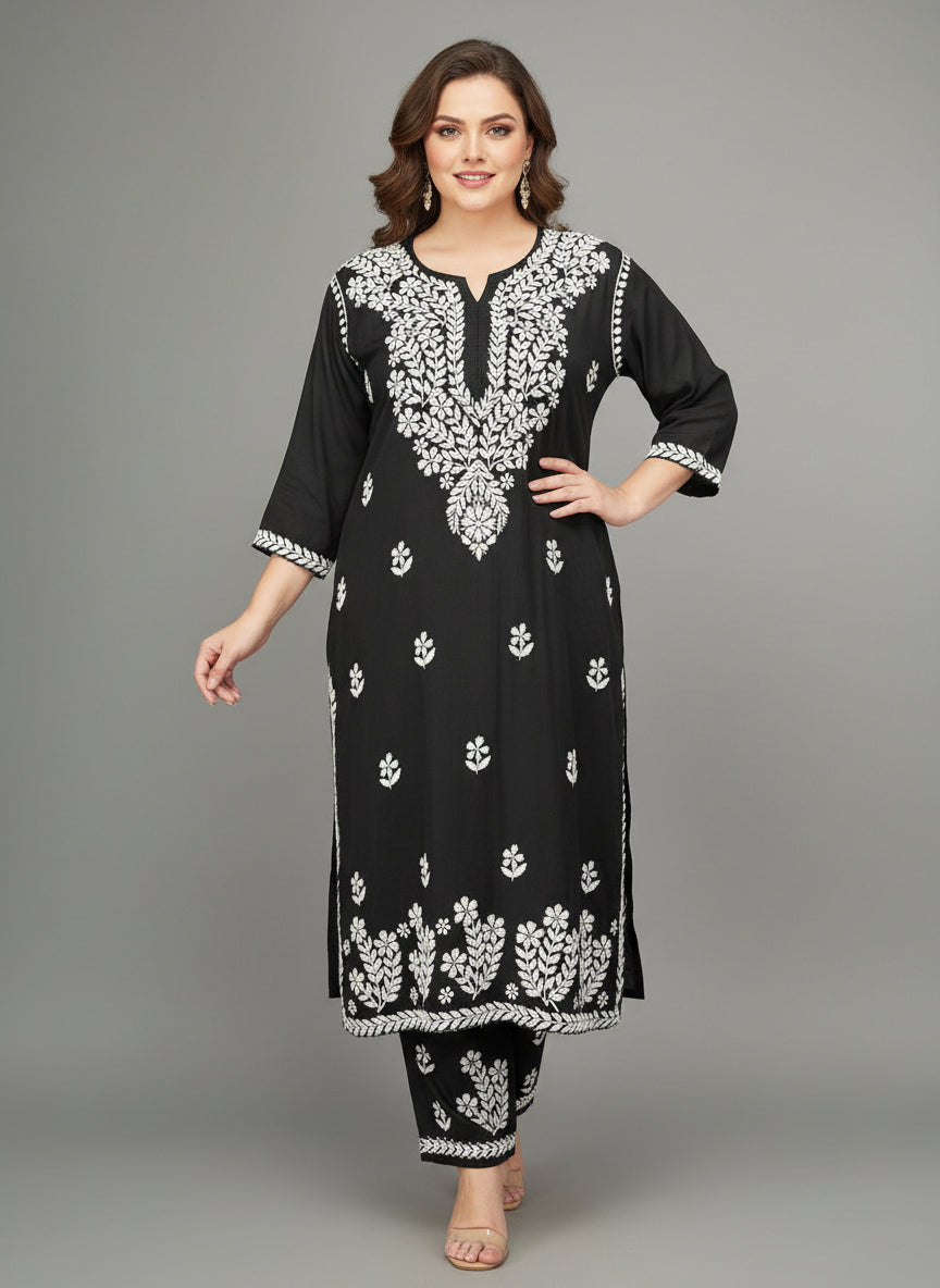 Black colour rayon fabric plus size 2pc shirt and trousers with white thread chikankari embroidery on the kurti and trousers.