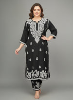Black colour rayon fabric plus size 2pc shirt and trousers with white thread chikankari embroidery on the kurti and trousers.