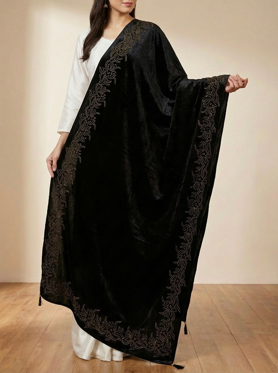 Black colour velvet stole with golden stones work all over the stoles.