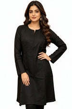 Black cotton self print kurti is being worn by a model.