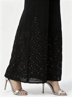 Black embroidered sharara with silver kaamdani on a white background