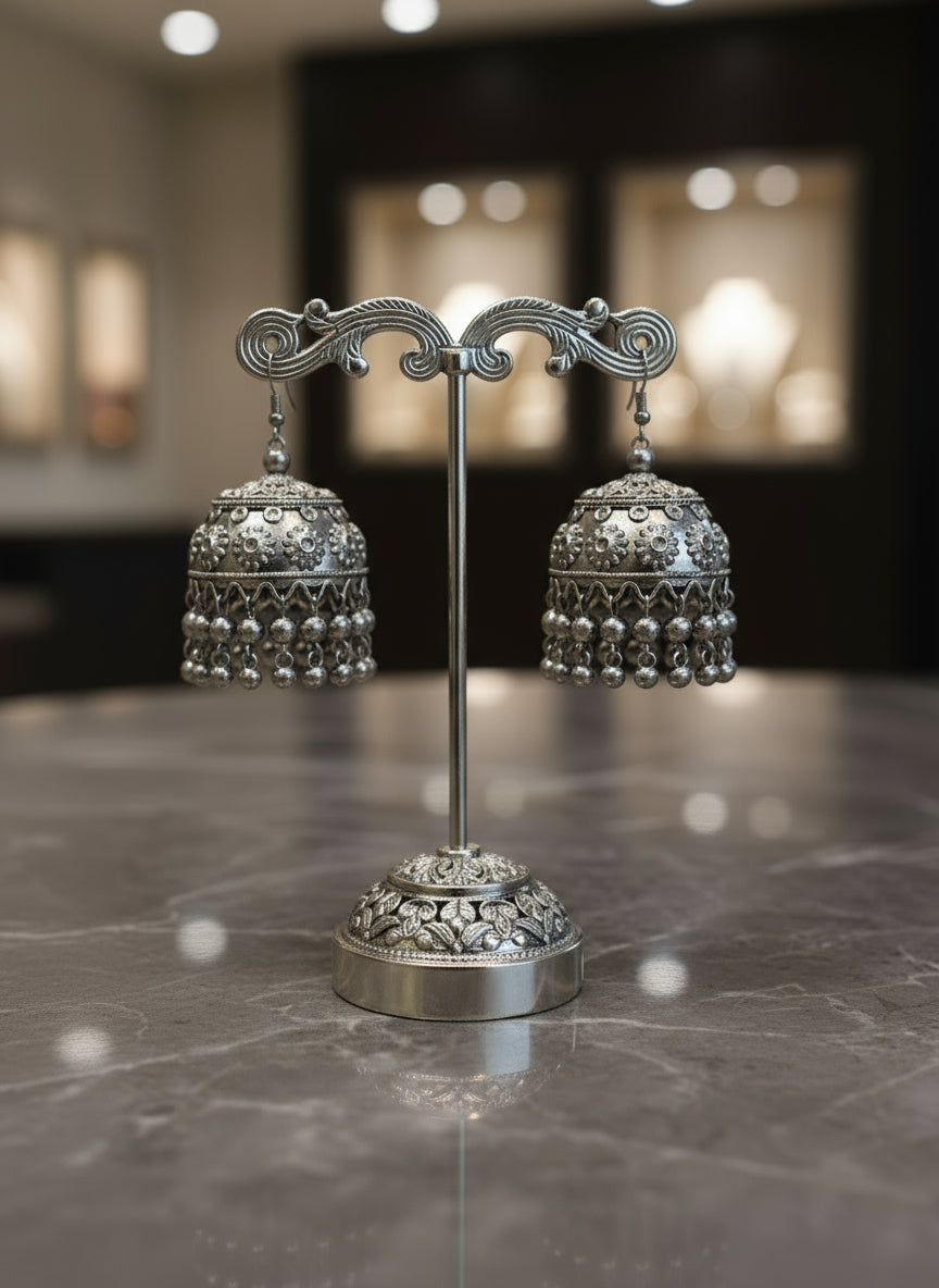 Black oxidised Silver beaded earring jhumka by famaza couture