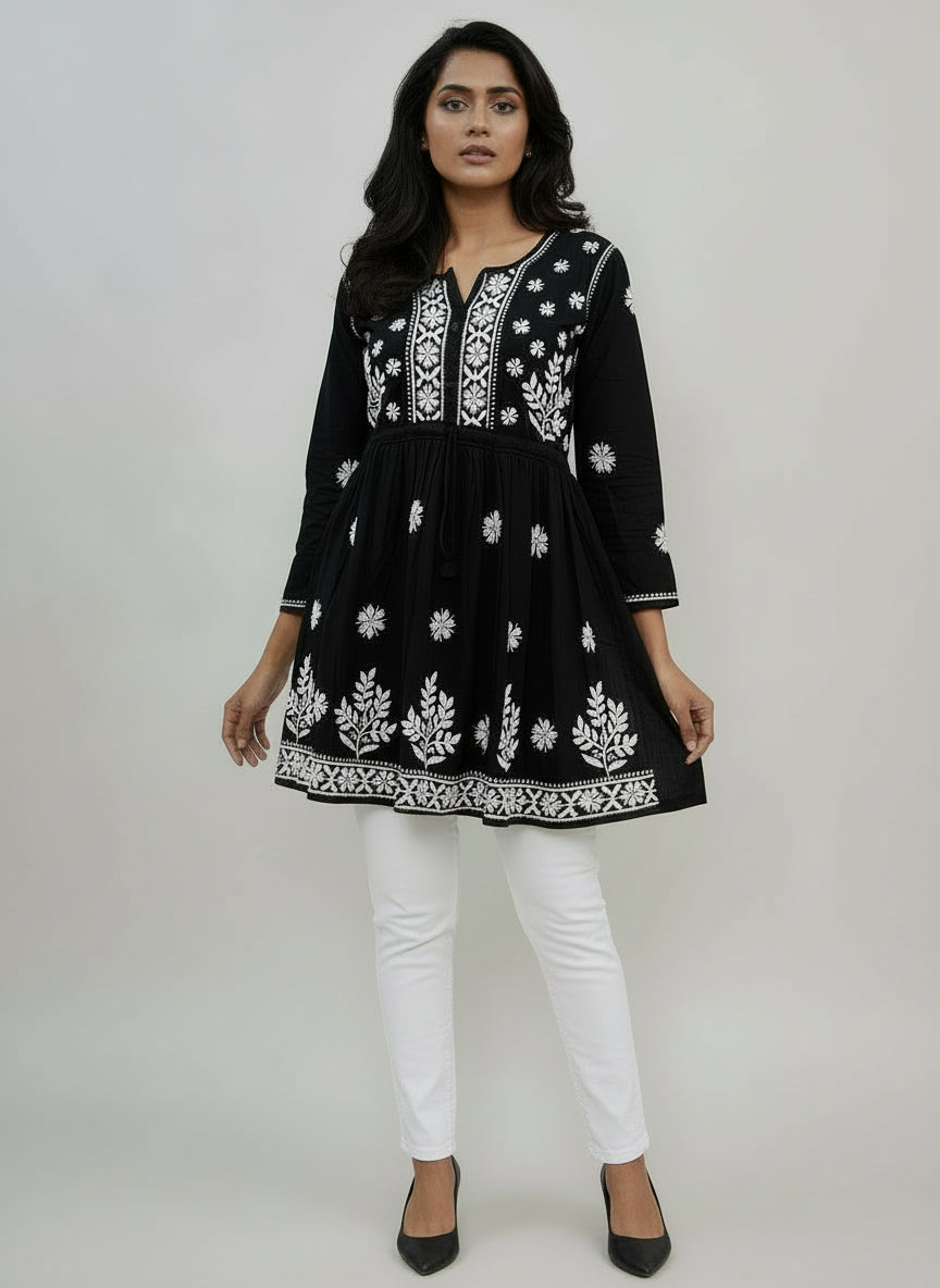 Black short frock with chikankari embroidery by famaza couture