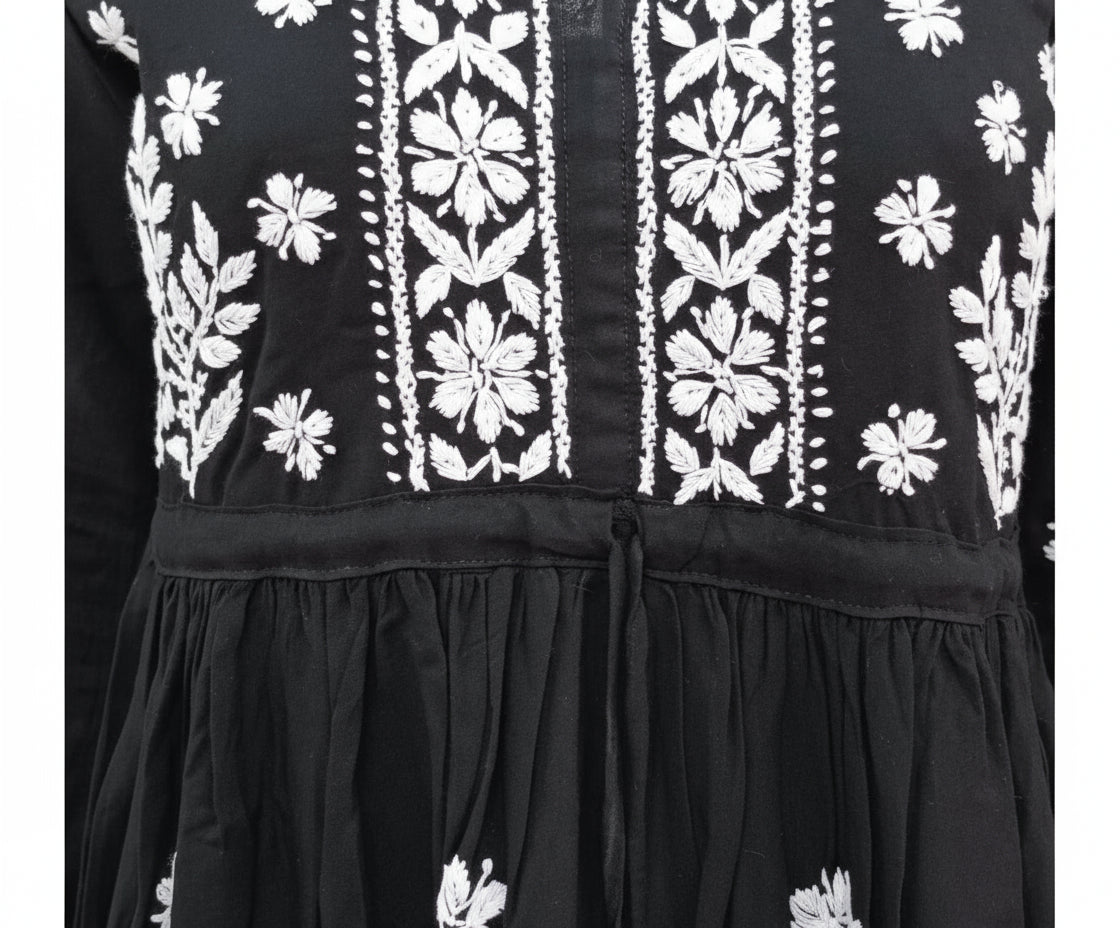 Black short frock with white floral chikankari embroidery on a white by famaza couture