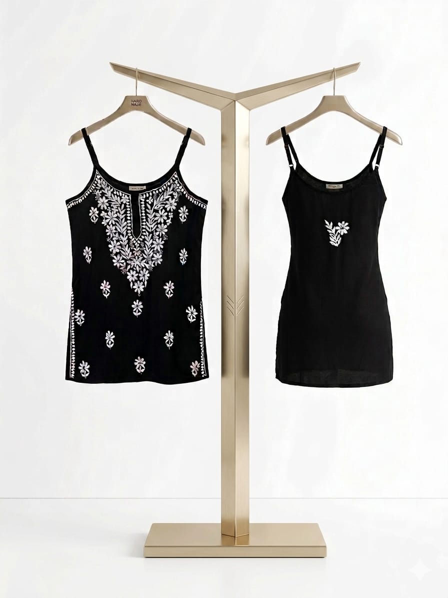 Black short tunic with front and rear view.