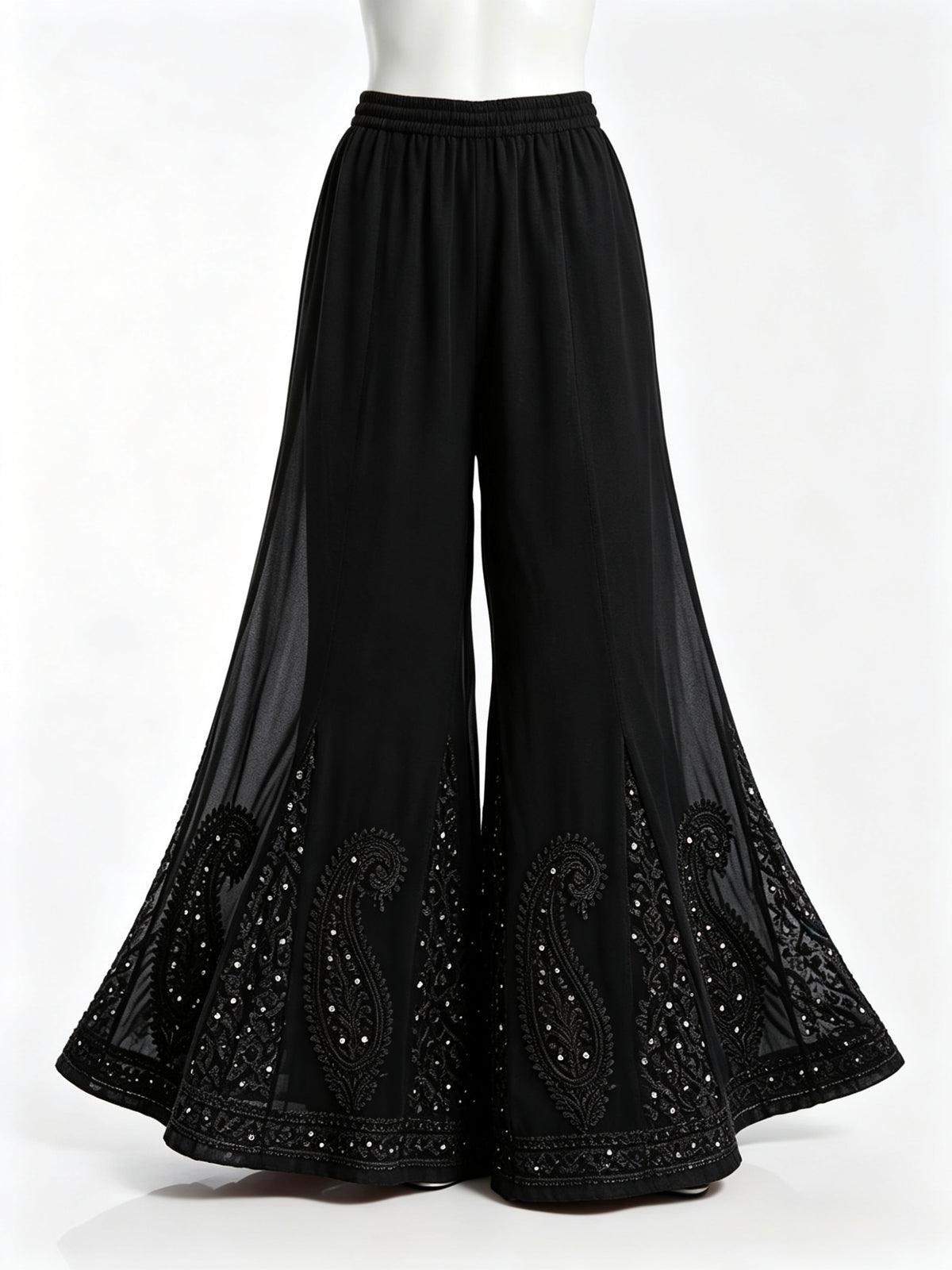 Black wide-leg pants with embroidery on a black bakhiya embroidery and kammadani work