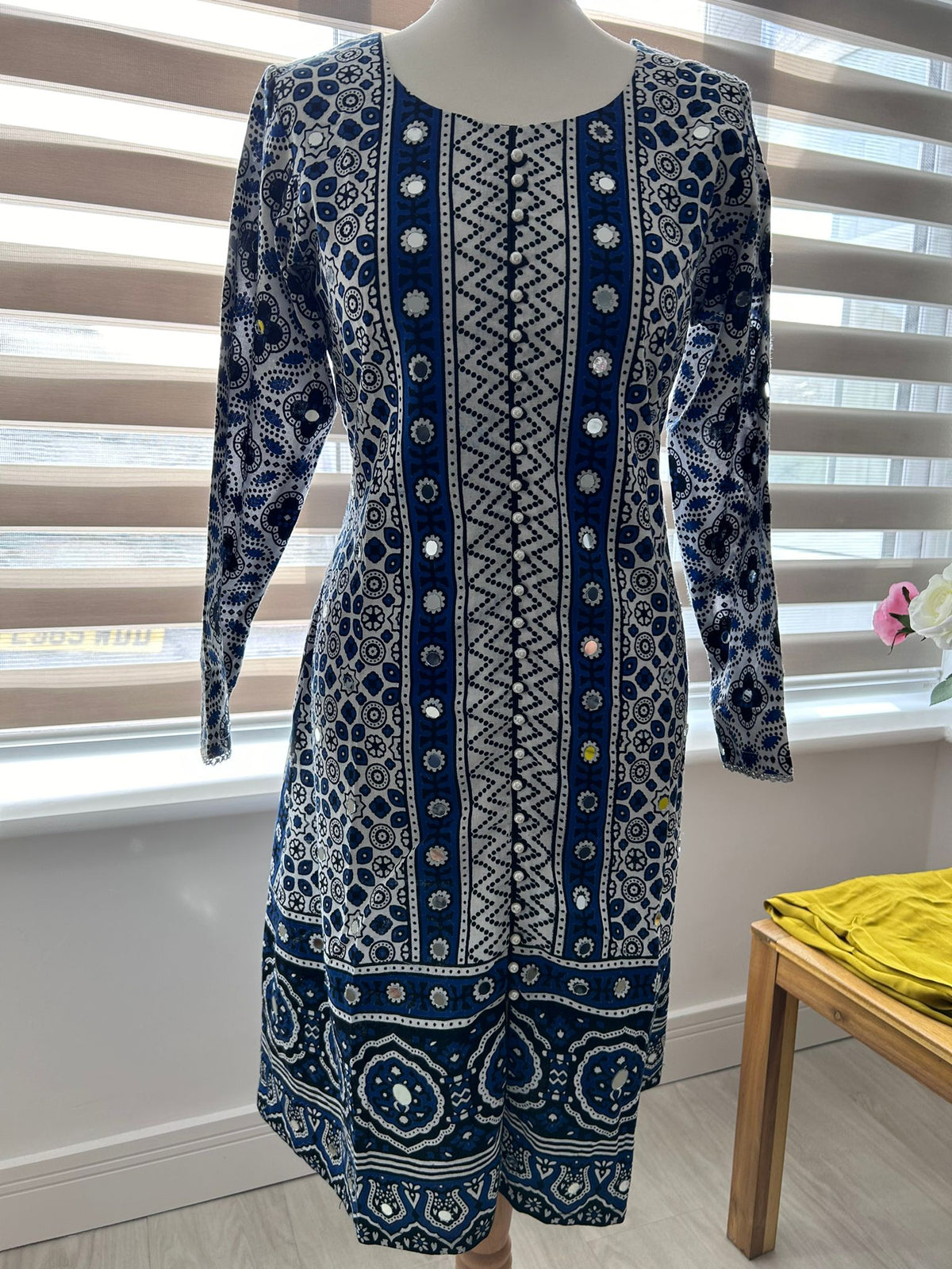Traditional Ajrak Sindhi Kurta/Dress - Blue/White