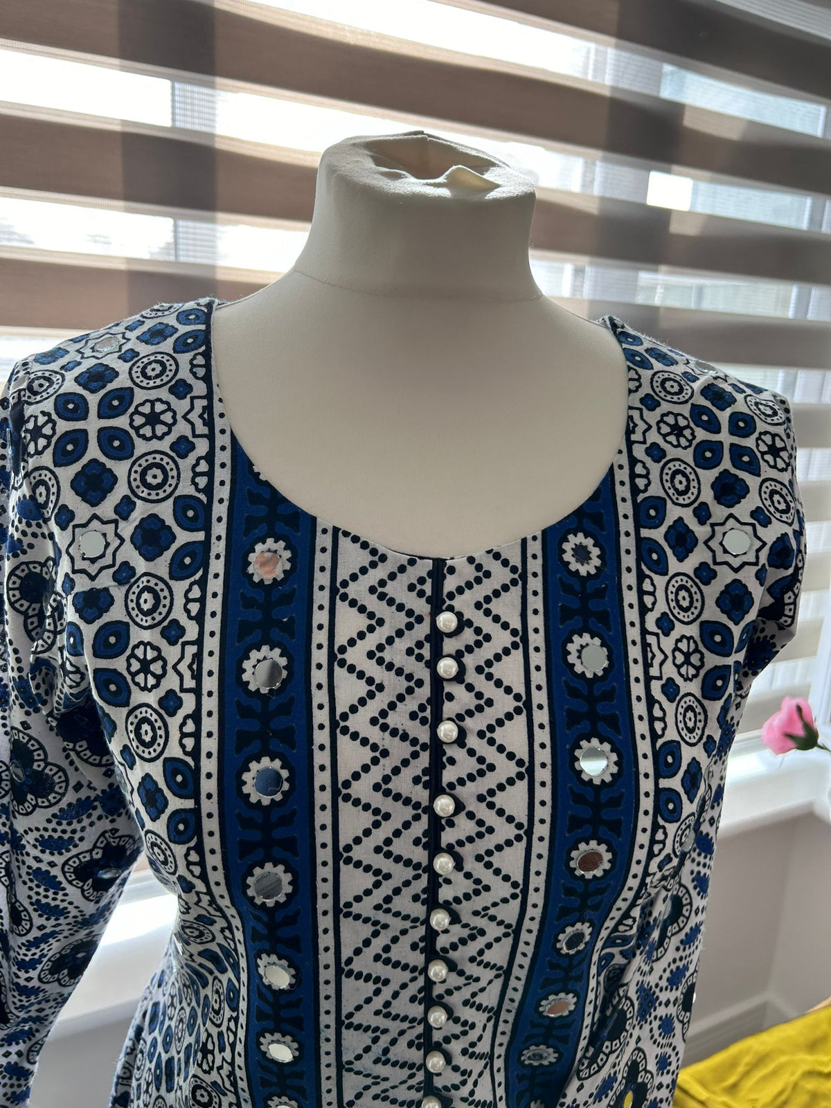 Traditional Ajrak Sindhi Kurta/Dress - Blue/White