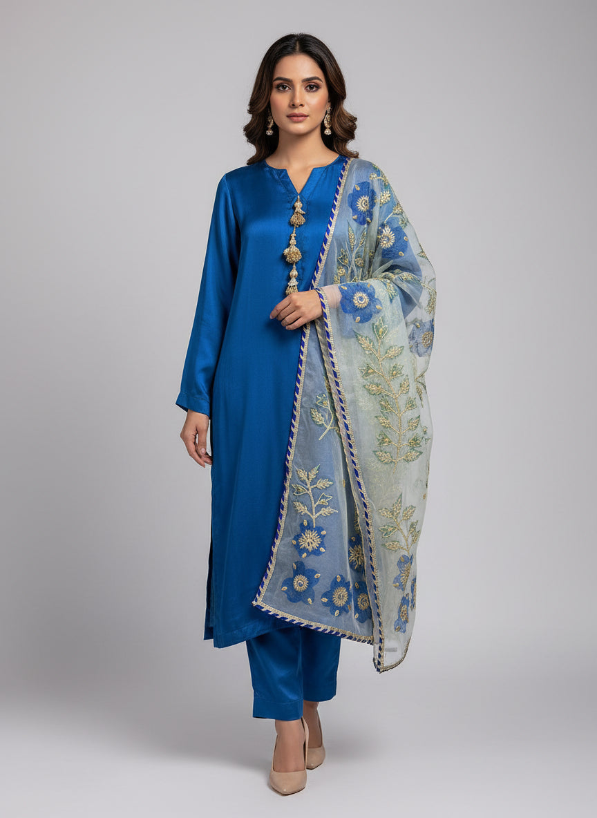 Blue colour silk fabric long kurti and trousers with white hand painted organza dupatta.