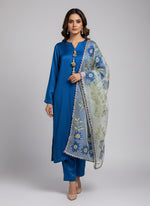 Blue colour silk fabric long kurti and trousers with white hand painted organza dupatta.
