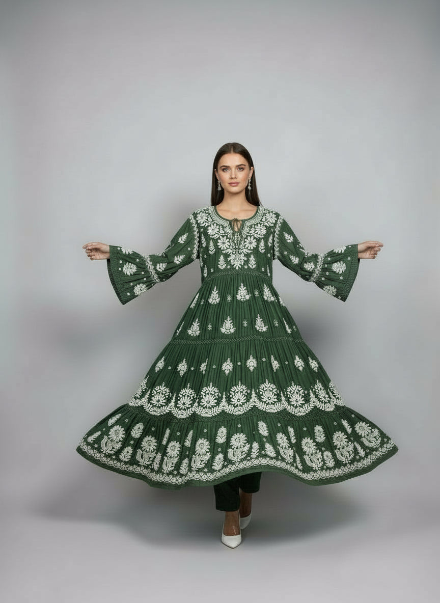 Bottle Green Colour Hand-Embroidered multi layered Flared Long Dress full front view-Luxury Chikankari by Famaza Couture London