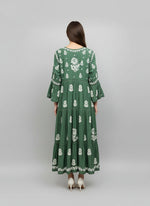 Bottle Green Colour muslin fabric Hand-Embroidered multi layered Flared Long Dress full front view-Luxury Chikankari by Famaza Couture London