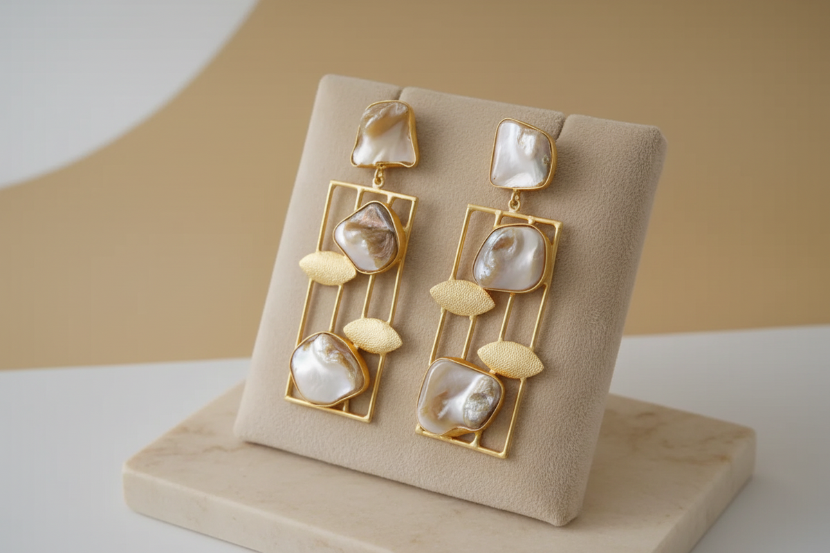 Brass metal dangler earrings with Baroque Pearls.