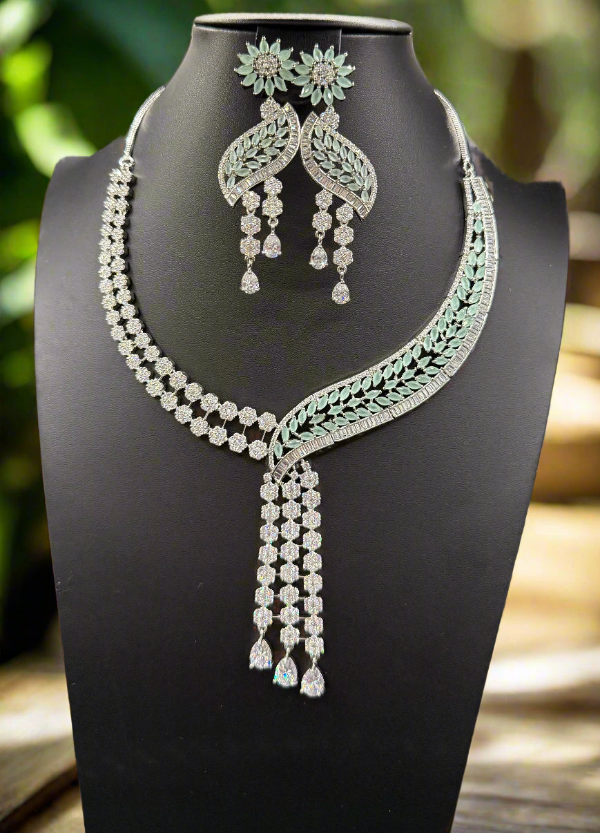 Turquoise and white American diamond necklace set with leaf pattern