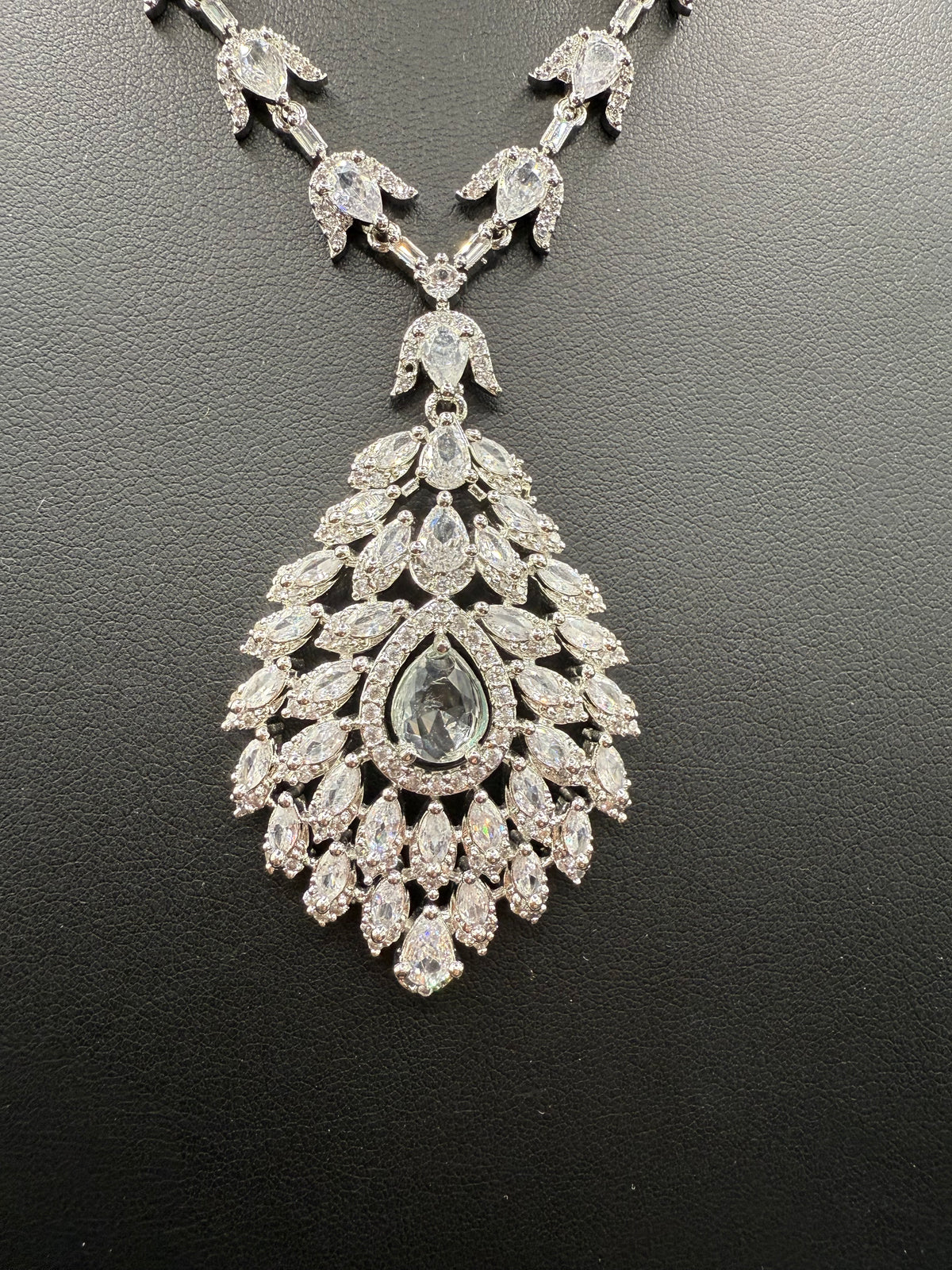 American Diamond & Emerald Necklace Set - Leaf Design | Famaza Couture