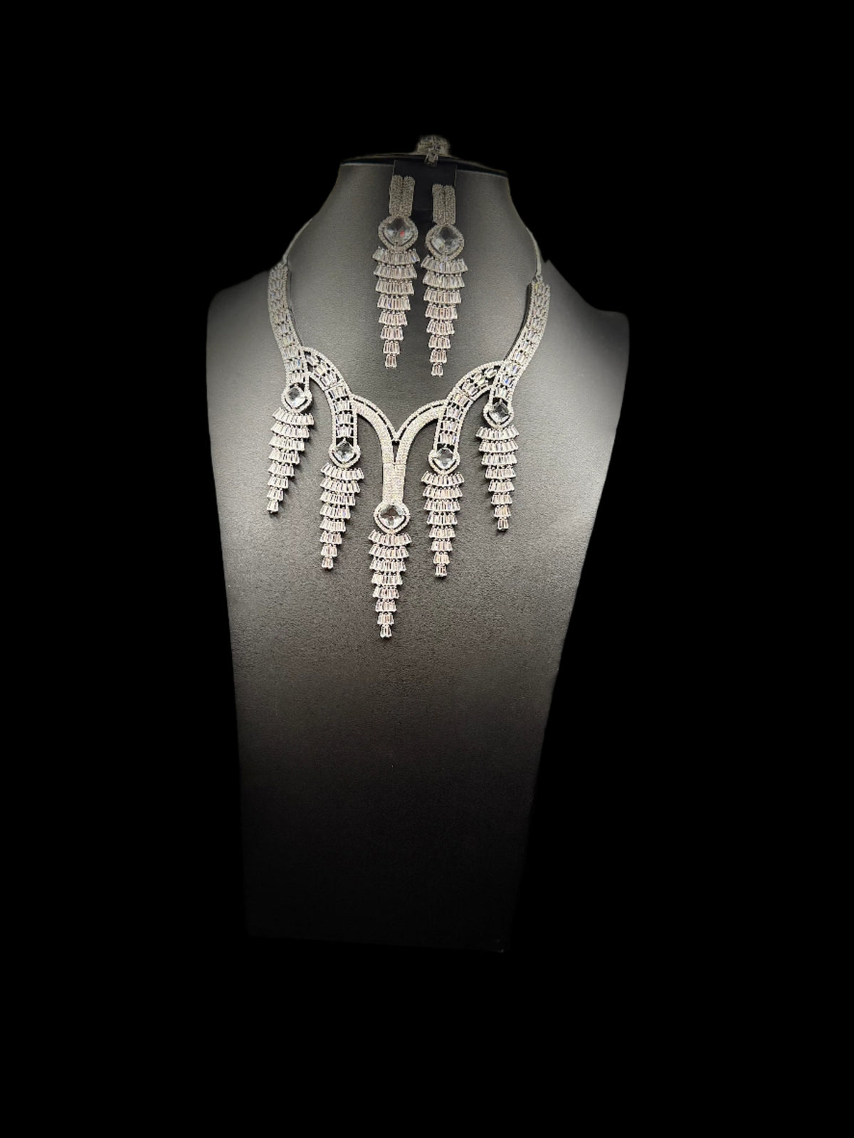 Sparkling Silver Cascade CZ Jewellery Set with Tikka | Famaza Couture