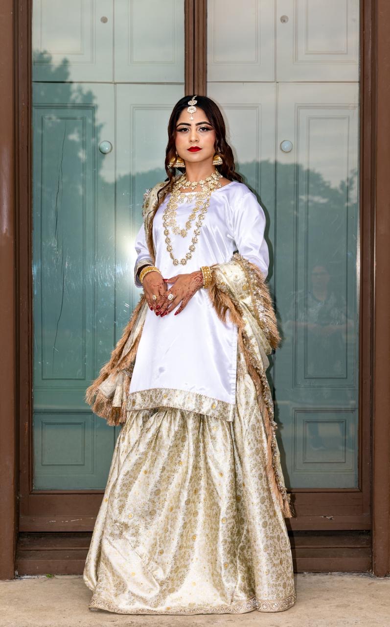 Jahan-Aara White Asian Bridal Nikah Dress | Traditional Kimkhab Gharara Bridal Wear