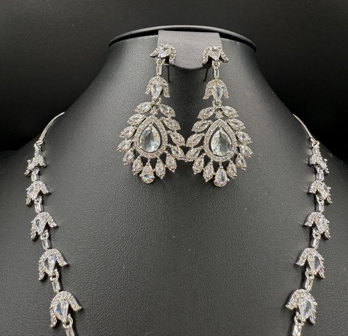 American Diamond & Emerald Necklace Set - Leaf Design | Famaza Couture