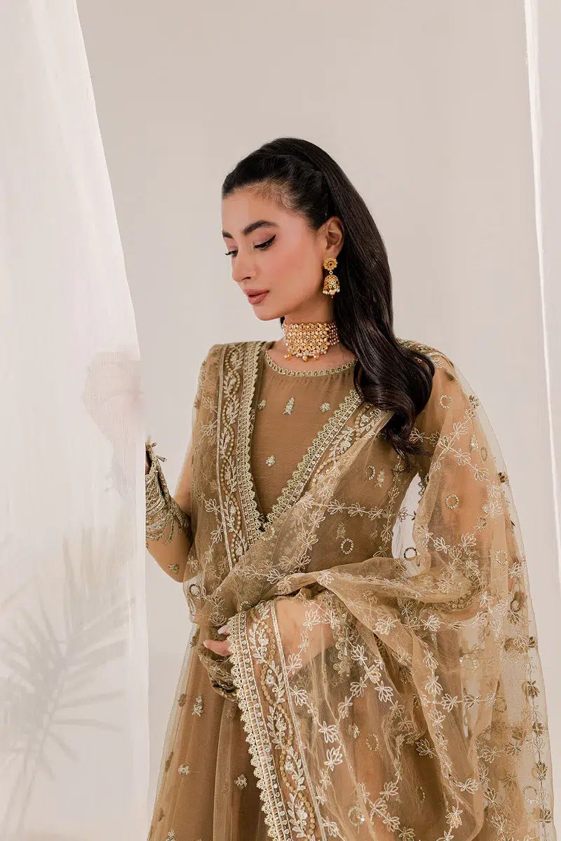 Elegant Beige Pakistani 3-Piece Party Wear Maxi Dress | Long Embroidered Evening Gown