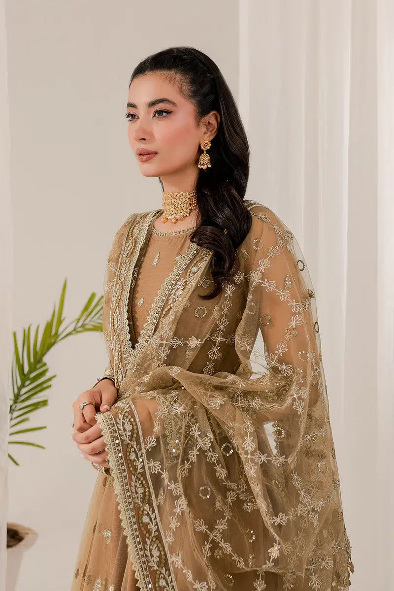 Elegant Beige Pakistani 3-Piece Party Wear Maxi Dress | Long Embroidered Evening Gown