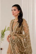 Elegant Beige Pakistani 3-Piece Party Wear Maxi Dress | Long Embroidered Evening Gown