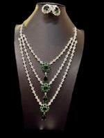 Emerald Green CZ Multi-Layer Necklace, Earring & Ring Set | Silver Tone