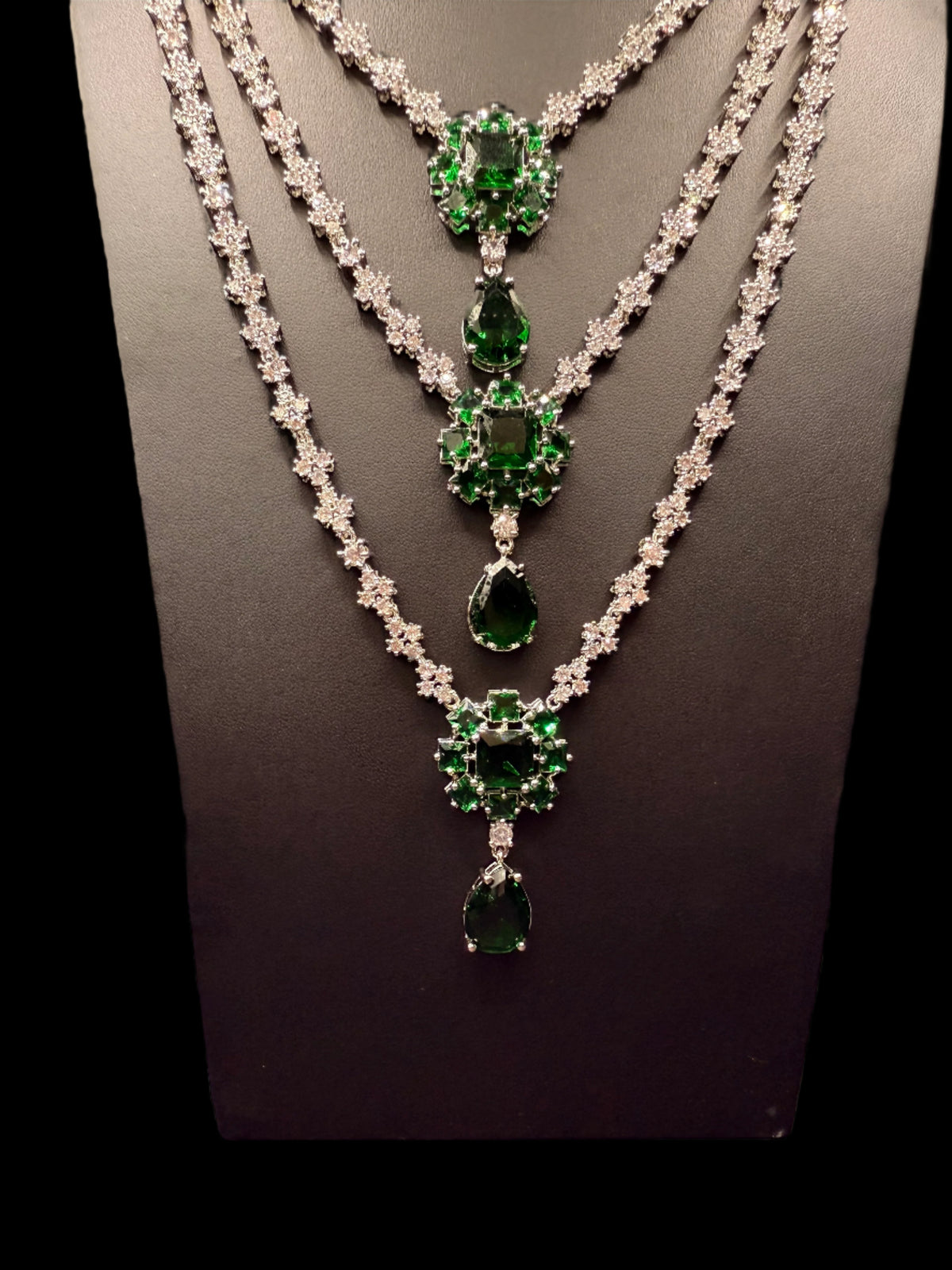 Emerald Green CZ Multi-Layer Necklace, Earring & Ring Set | Silver Tone