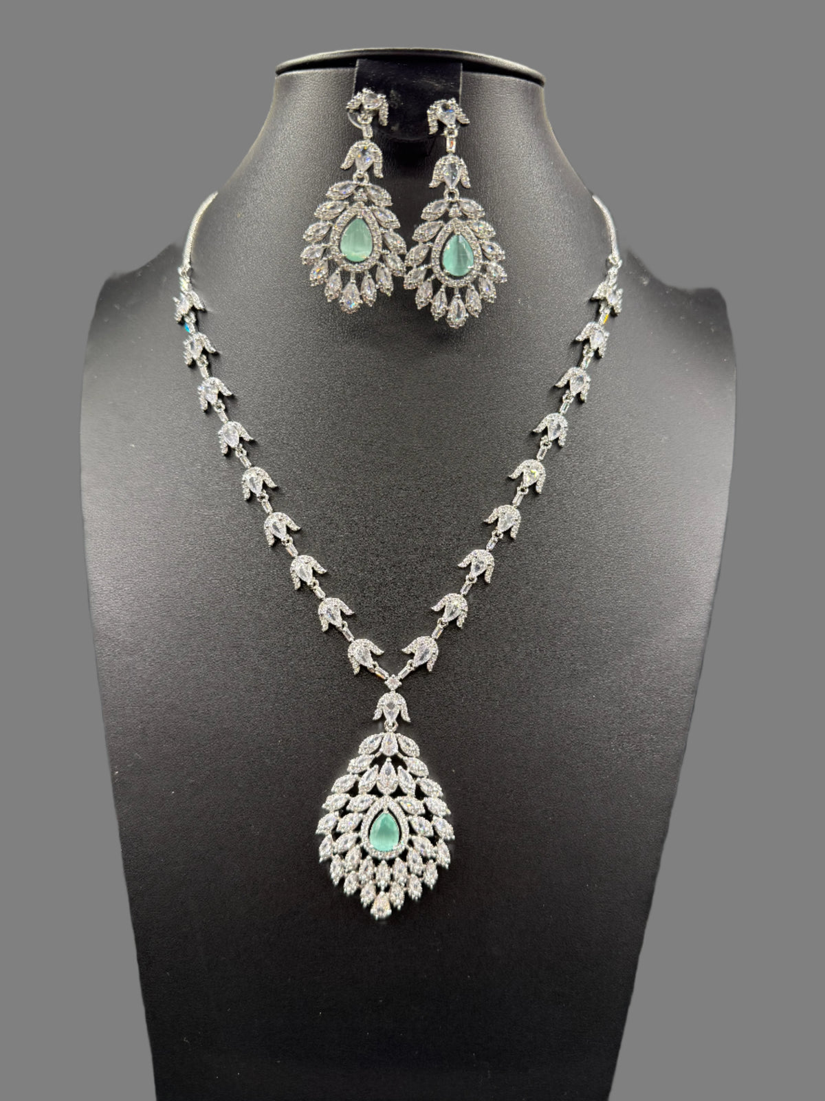 American Diamond & Emerald Necklace Set - Leaf Design | Famaza Couture
