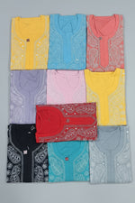 multiple Models are wearing and posing in all these cotton kurtas designed with white hand embroidery with white jeans by famaza couture