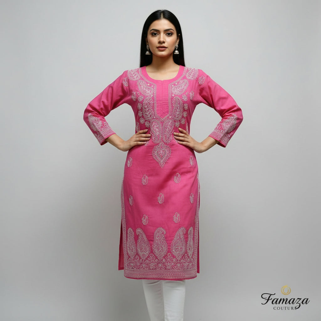 Neck design focus of chikankari cotton kurti showing detailed embroidery