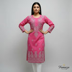Neck design focus of chikankari cotton kurti showing detailed embroidery