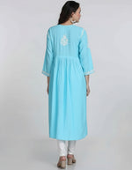 Chikankari blue long dress backside with hand embroidery by famaza couture