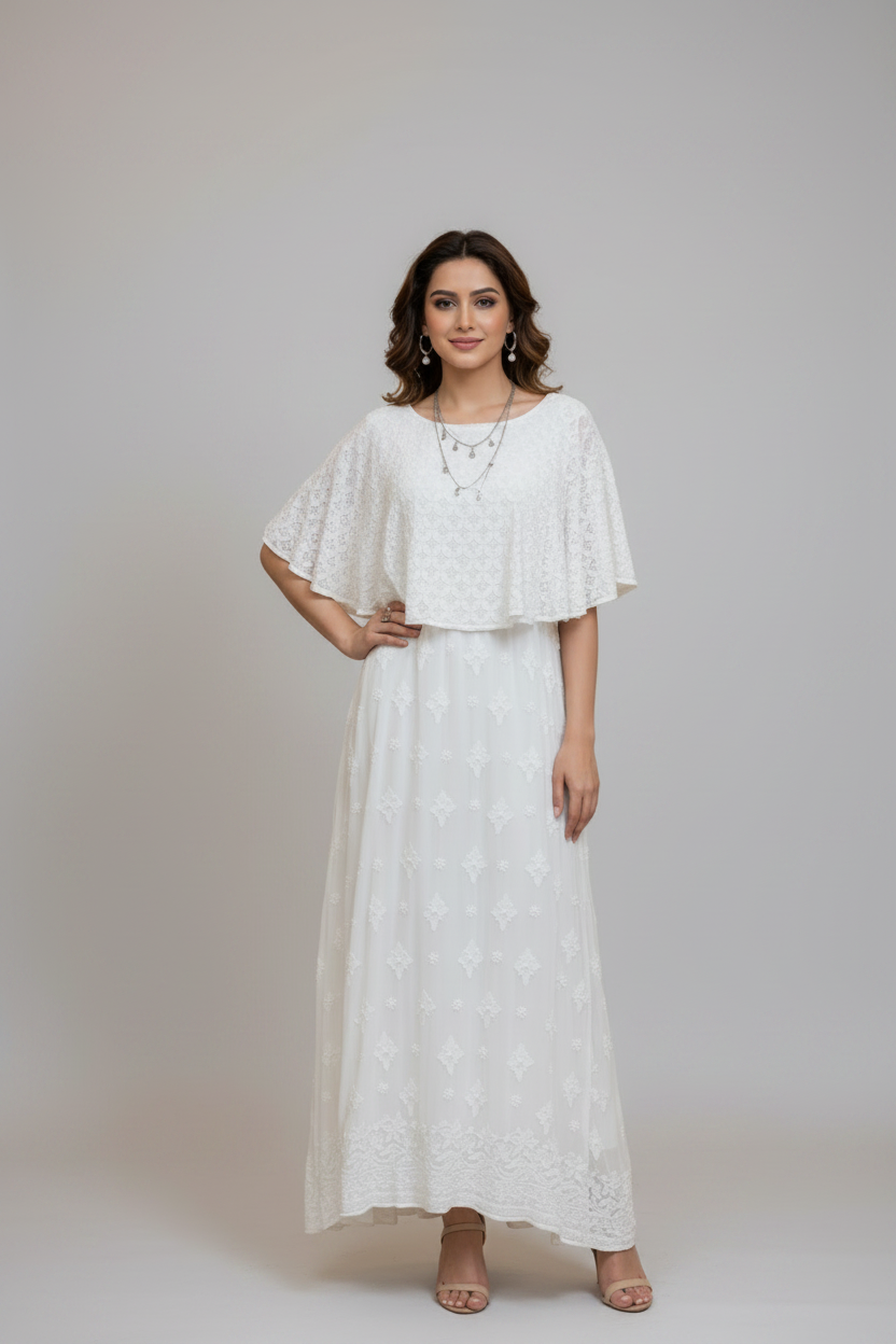 Chikankari cape dress styled for evening events