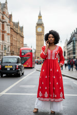 Chikankari red long dress with pockets, with hand embroidery by famaza couture