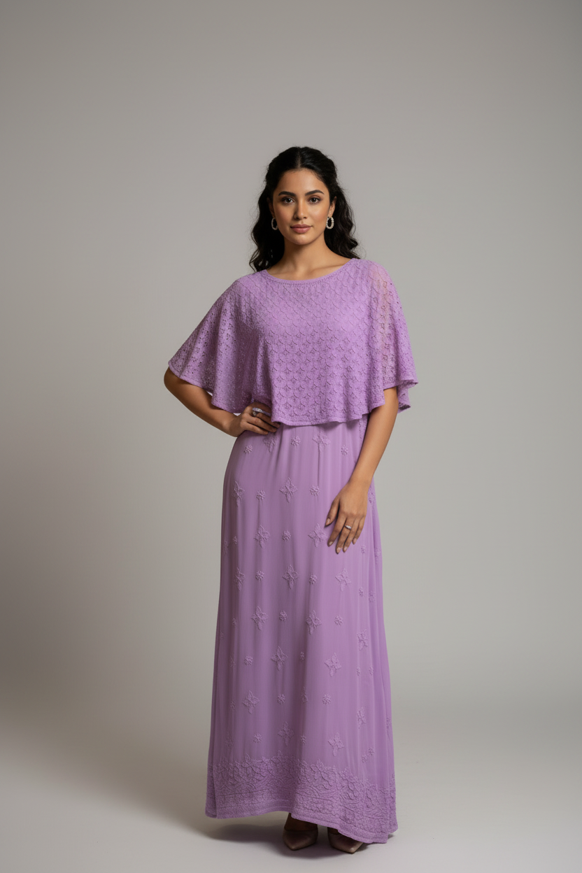 Handmade-Chikankari-Cape-Dress-Luxury-Viscose-purple
