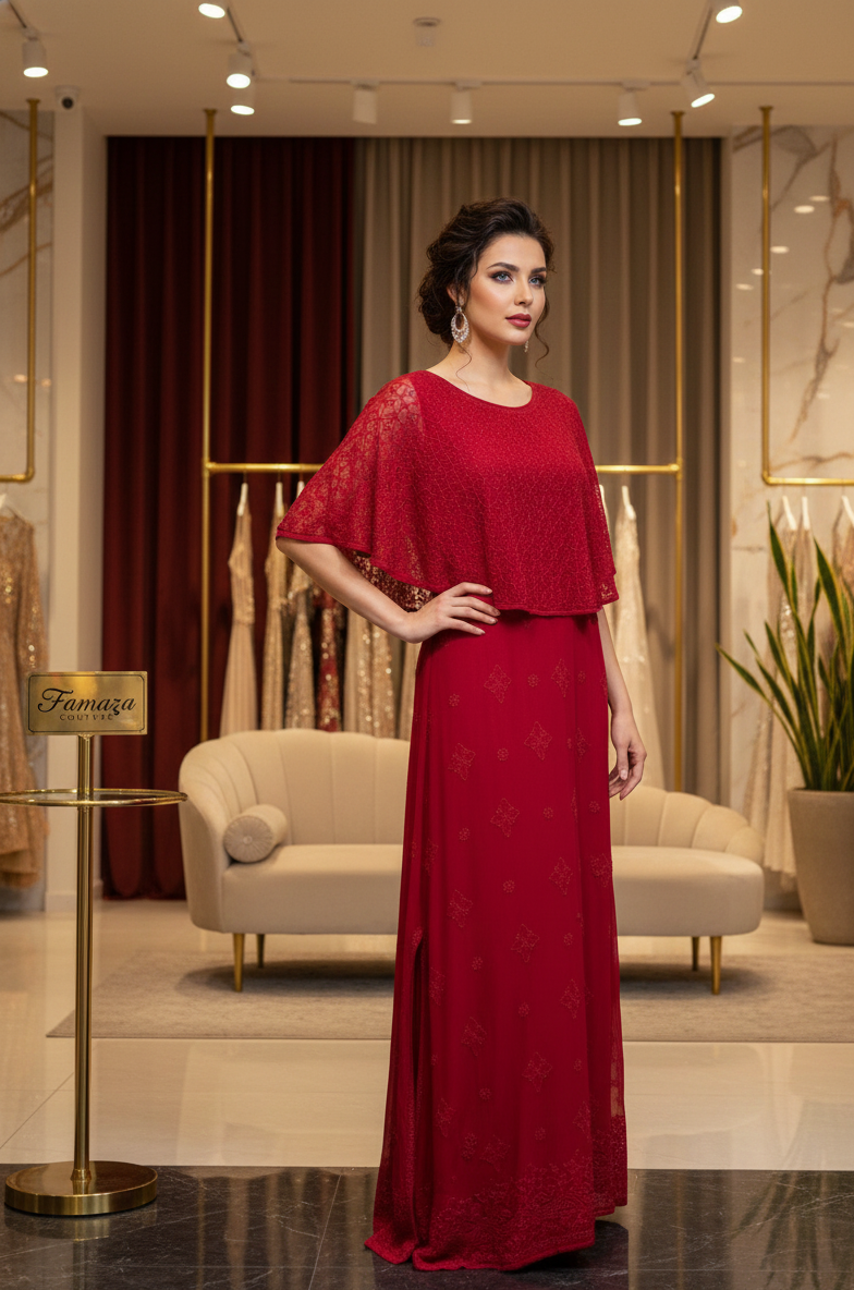 Handmade-Chikankari-Cape-Dress-Luxury-Viscose-red