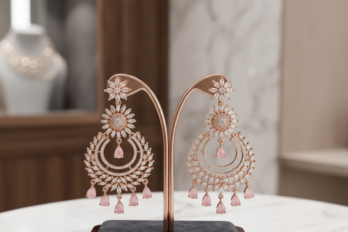 Close-up detail of rose gold crescent chaand bali earrings showing the intricate American Diamond settings