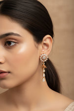 Close-up of 4cm rose gold finish earrings featuring a floral sunburst stud and a cascading tiered teardrop drop.