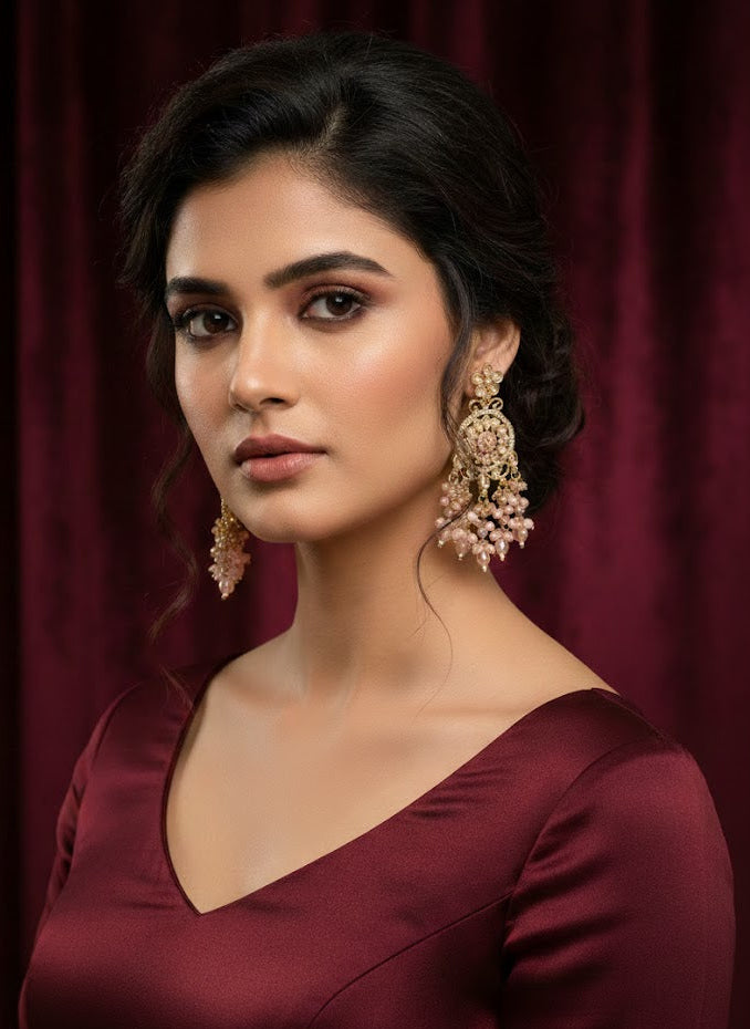 Close-up of a fashion model wearing English style rose gold plated brass earrings, demonstrating the perfect evening jewellery for gala events and luxury party wear.