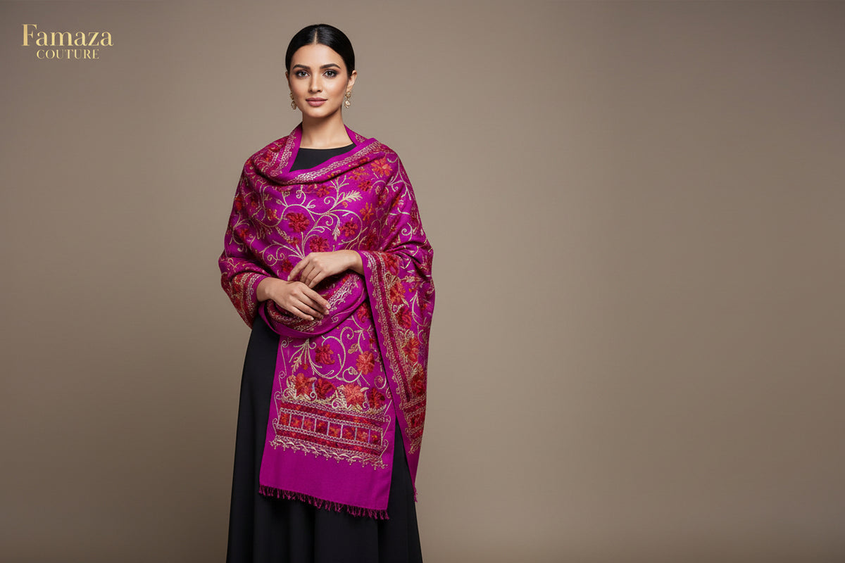 Close-up of a magenta Kashmiri embroidered pashmina scarf with floral patterns and golden embellishments.