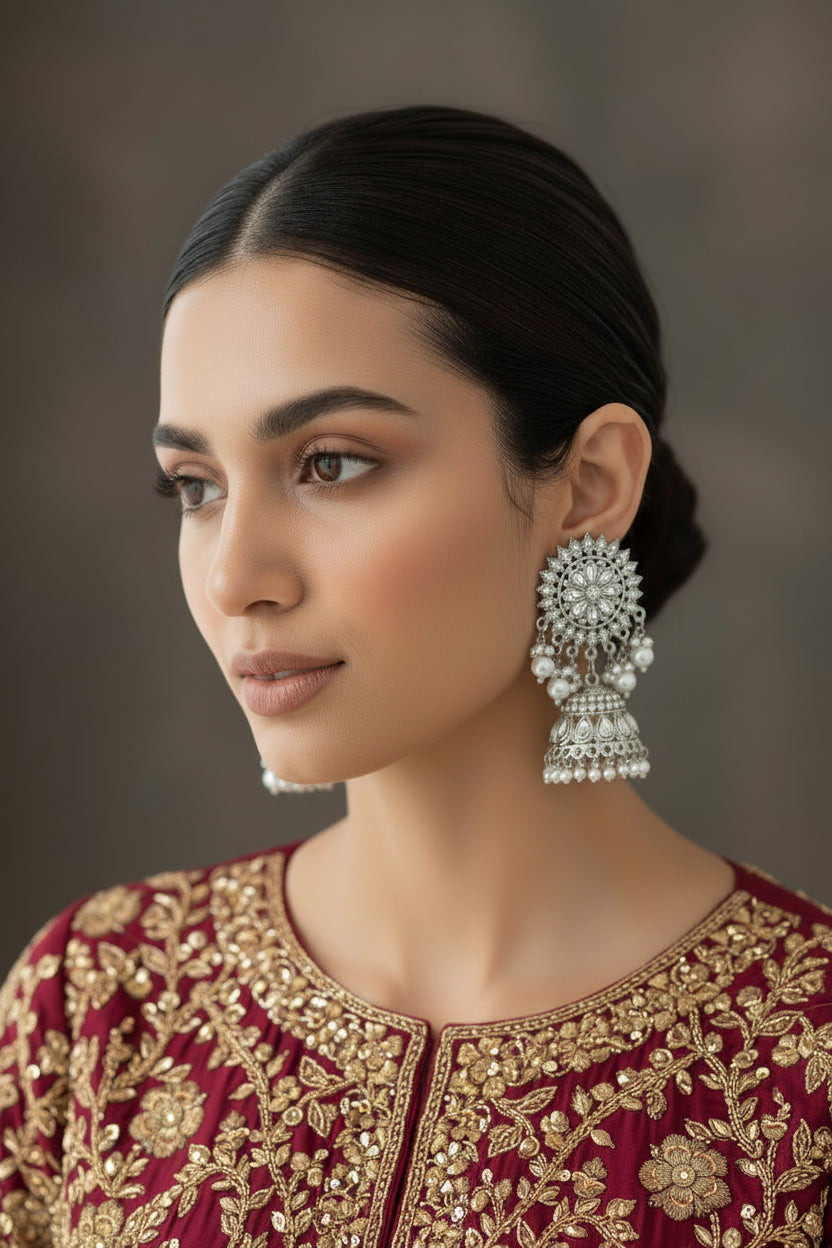 Close-up of a model wearing silver-polished drop pearl earrings, showcasing the perfect bridal jewellery look for a classic English wedding.